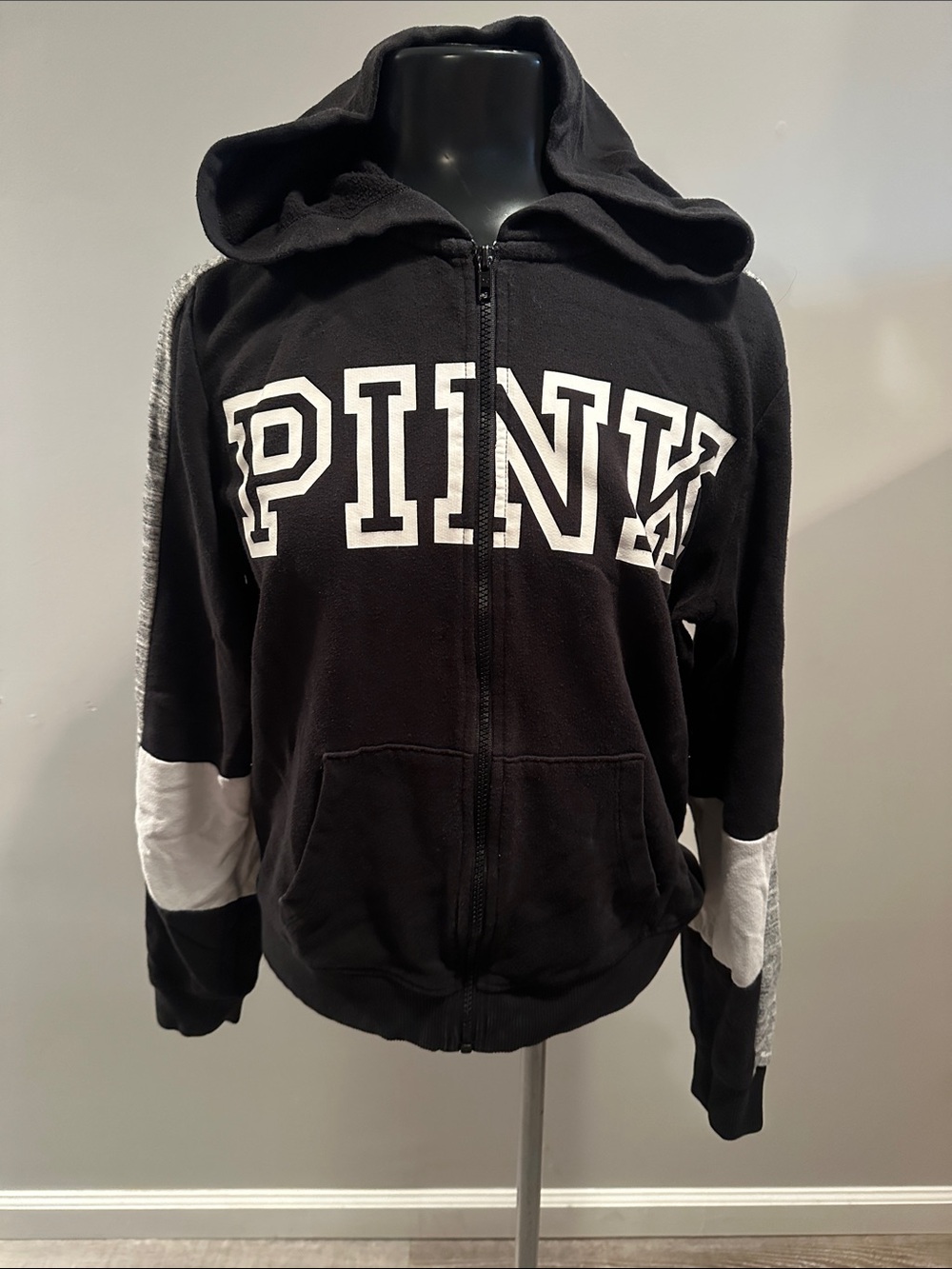PINK Victoria's Secret Black Zip-Up Hoodie with White Sleeve Panels